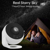 A white projector night light is shown illuminating a starry sky scene inside a tent with two people.