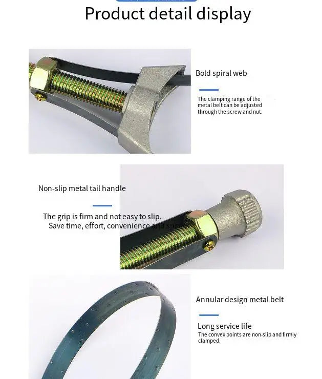 Visning av justerbar oljefilternøkkel for tung bruk med spiralnett og sklisikkert metallhåndtak.