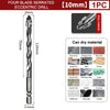 En enkel firebladet, tannet eksentrisk drillbit med 10 mm diameter og 75 mm lengde, vist ved siden av ulike materialer.
