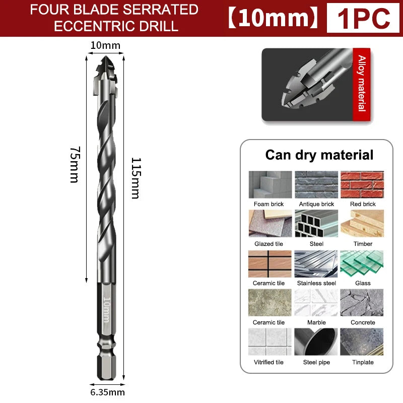 En enkel firebladet, tannet eksentrisk drillbit med 10 mm diameter og 75 mm lengde, vist ved siden av ulike materialer.