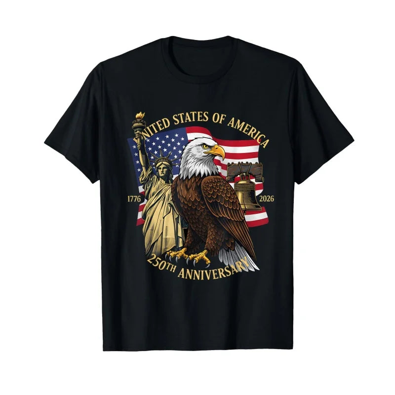 Svart t-skjorte med grafikk av en skallaørn med olivengren og flagg, til ære for USA