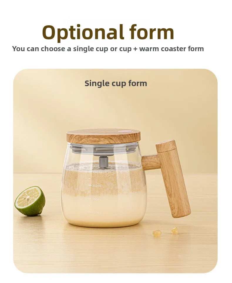 A clear glass mug with a wooden lid and handle is shown on a wooden surface, demonstrating the single cup form.