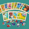 A set of wooden 3D dinosaur puzzles featuring various dinosaurs in colorful packaging.