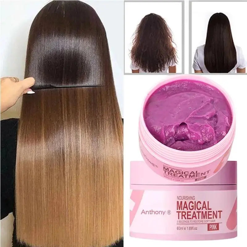 Pink nourishing magical treatment hair mask product with a purple texture and pink packaging.