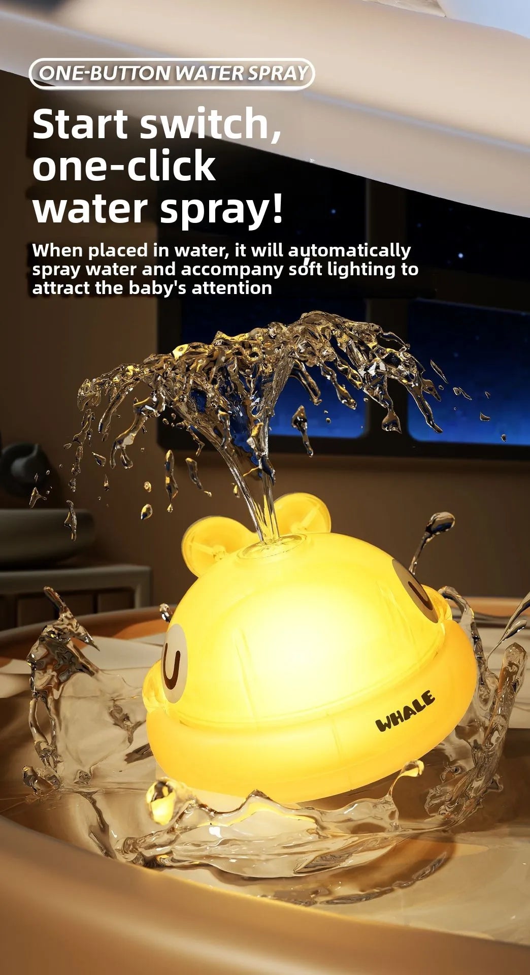 A yellow light-up whale baby bath toy is spraying water in a bathtub.