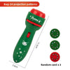 A green flashlight toy with a red cap and projection patterns, shown next to three random cards.