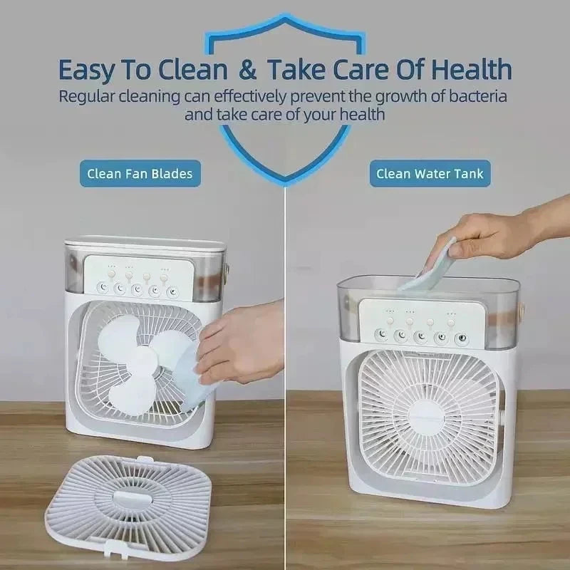 A personal air cooler fan and humidifier device is shown with a hand cleaning the fan blades and another unit next to it.