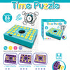 A box and components for a Time Puzzle game featuring yellow shapes on a blue board.