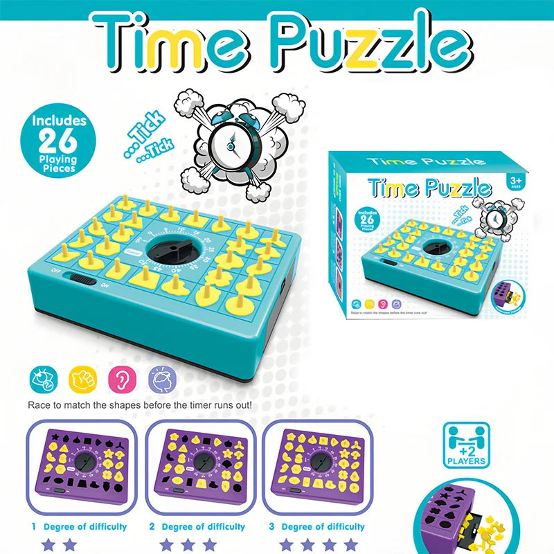 A box and components for a Time Puzzle game featuring yellow shapes on a blue board.