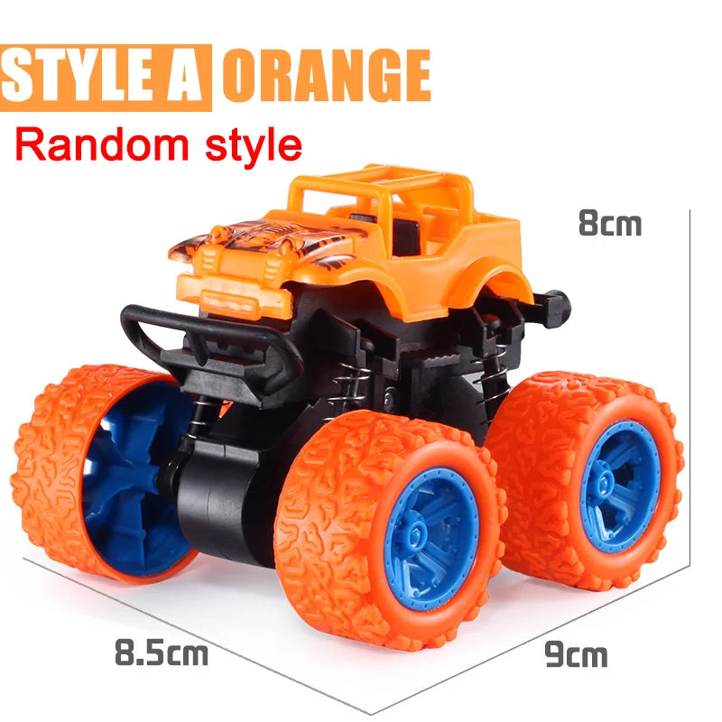 Orange pull-back stunt SUV toy car with black and orange tires