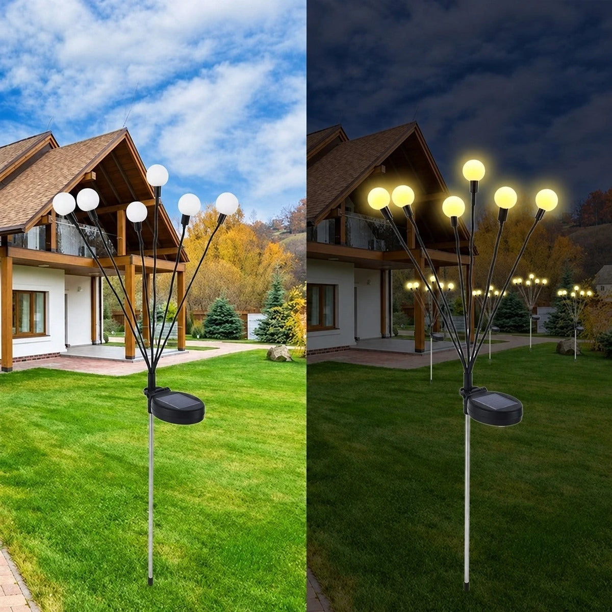 Six-head solar Firefly light shown in daylight and at night