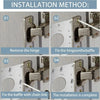 Four steps showing the installation method for a stainless steel cabinet door hinge repair plate kit.