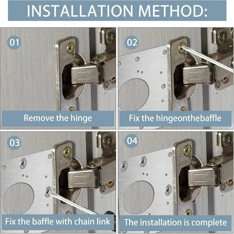 Four steps showing the installation method for a stainless steel cabinet door hinge repair plate kit.