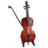 Miniature violoncelle en bois, avec archet et support, peint en brun rougeâtre.