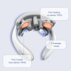 A white TENS pulse massager for neck and shoulder, showing five massage heads with heating and electric TENS features.