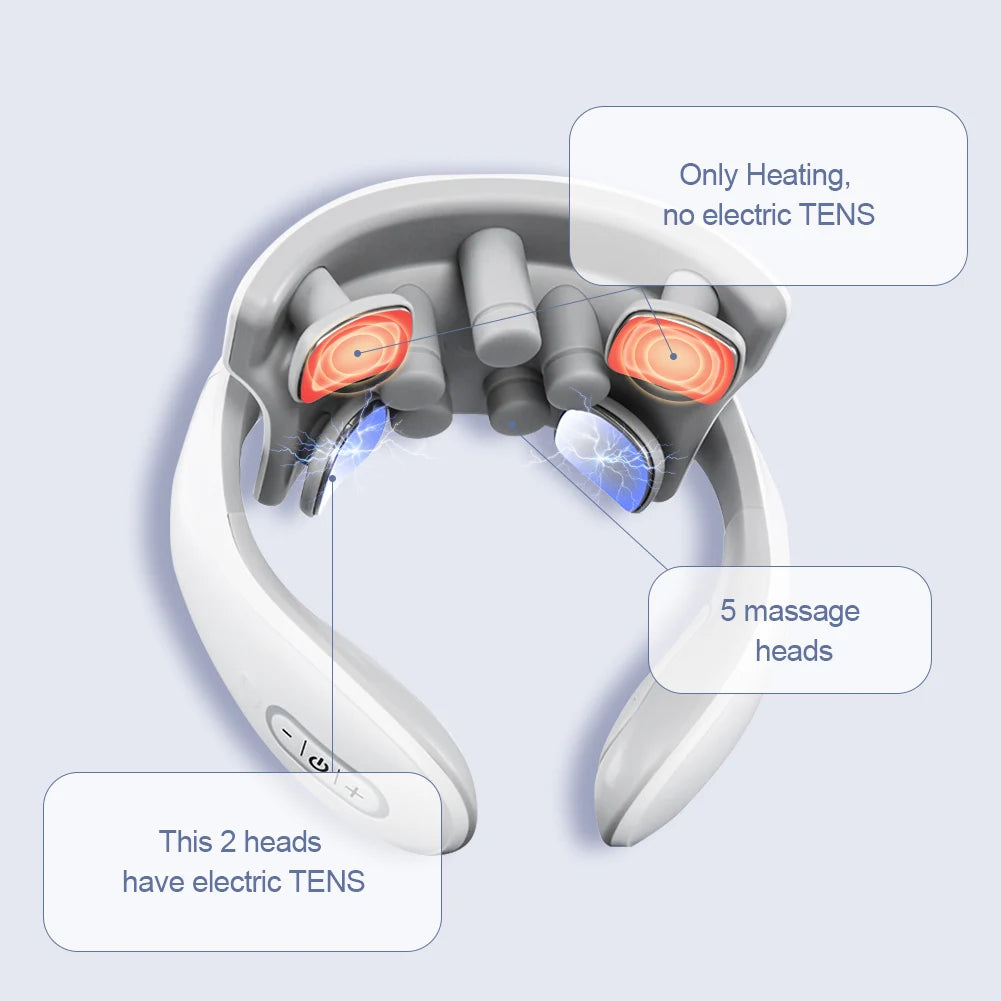 A white TENS pulse massager for neck and shoulder, showing five massage heads with heating and electric TENS features.