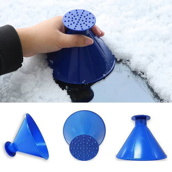 Blue cone-shaped windshield ice scraper with a funnel being held by a hand.