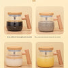 Various glass mugs show different uses like brewing coffee, making black sesame paste, oatmeal, and milk powder.