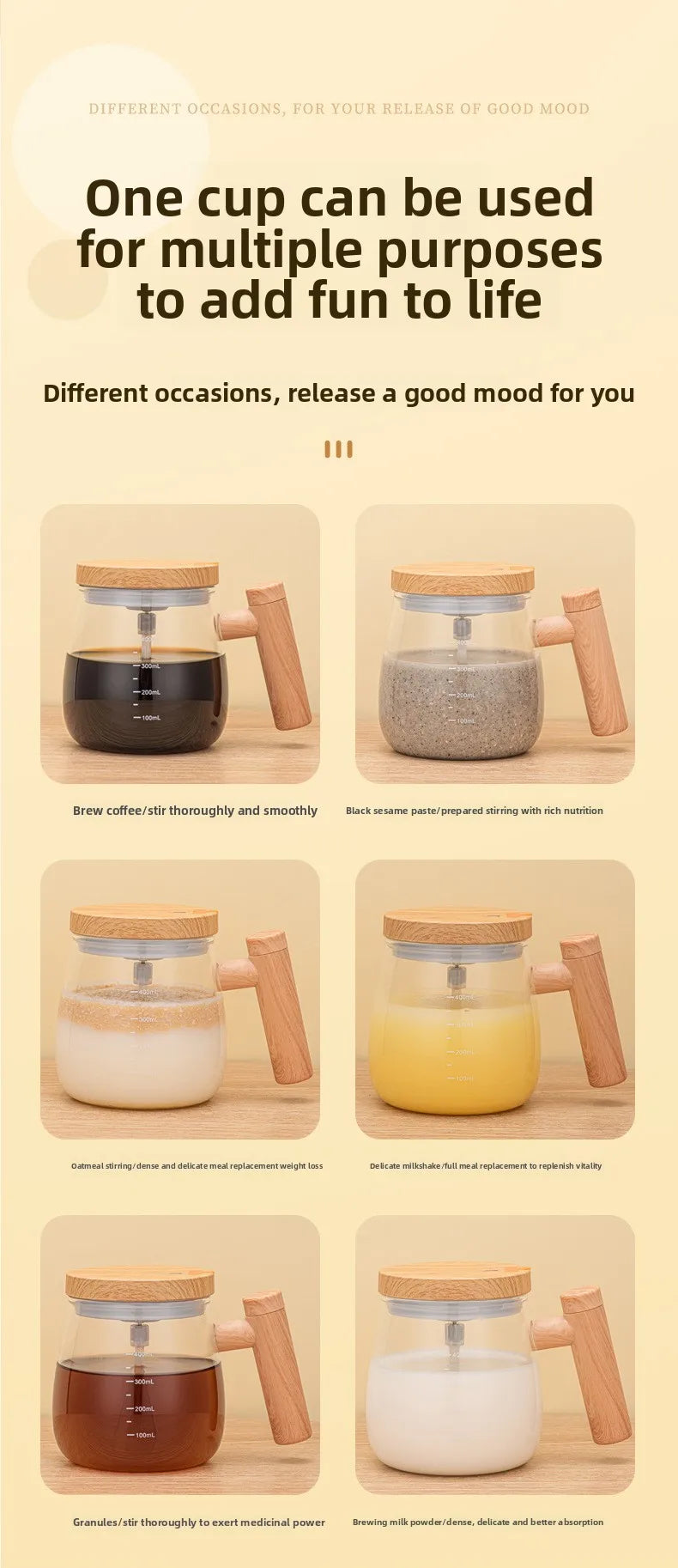 Various glass mugs show different uses like brewing coffee, making black sesame paste, oatmeal, and milk powder.