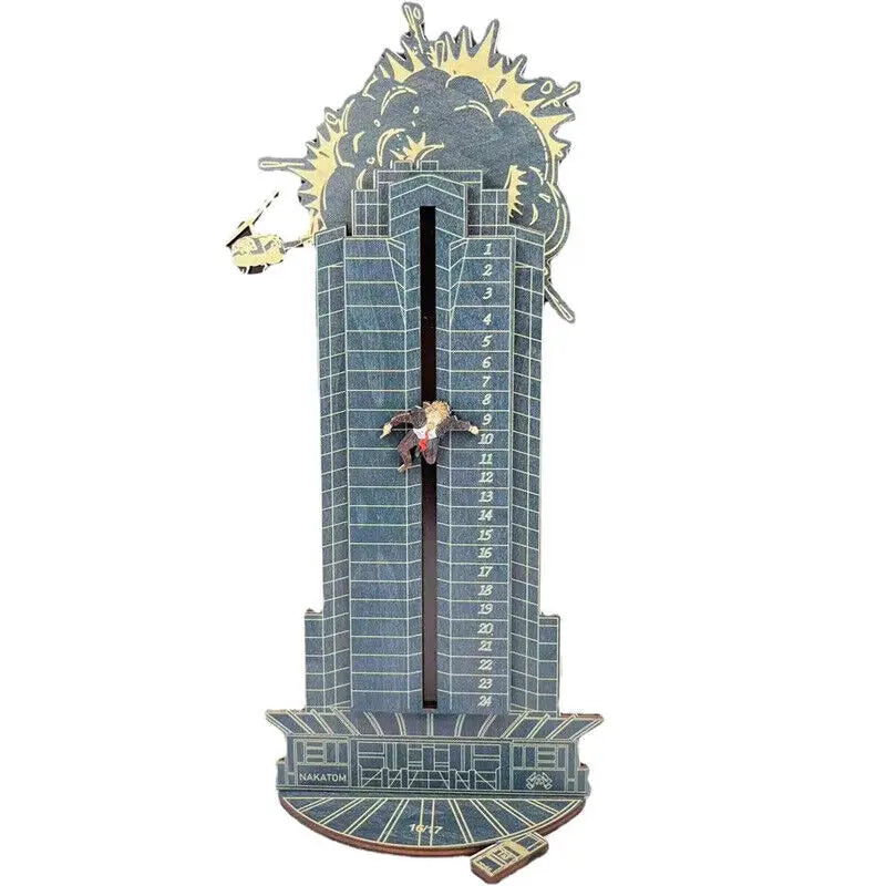 Calendario de adviento navideño de madera con forma de casa y diseño de torre estilizada para 24 días.