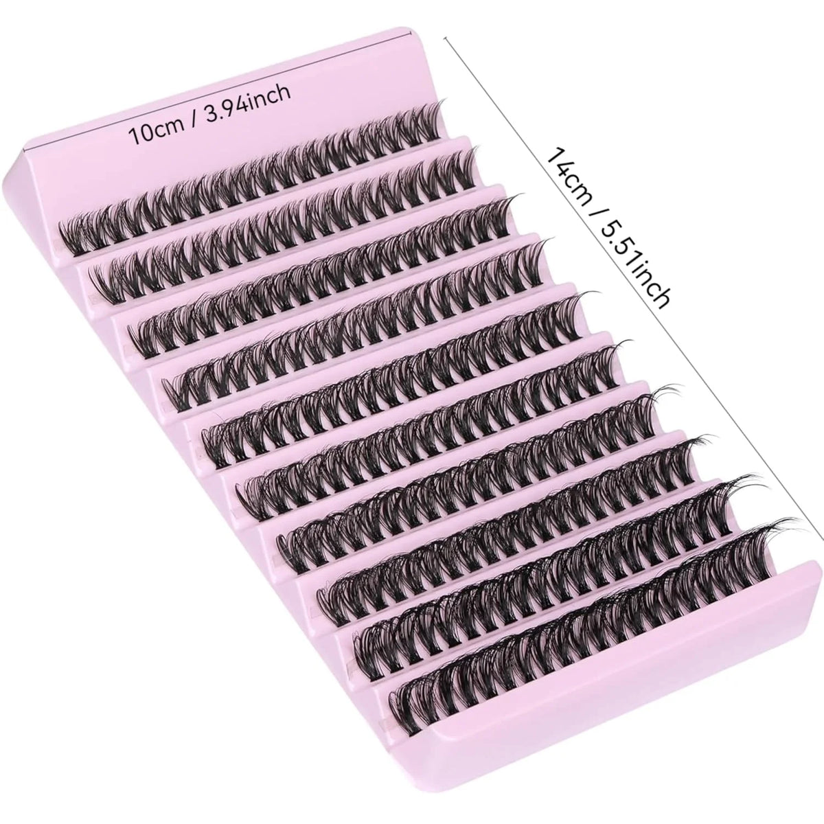A pink plastic tray holding 10 pairs of ultra-dense black false eyelashes for eye enhancement.