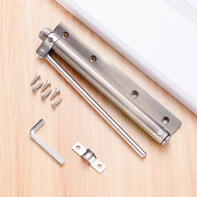 Stainless steel automatic door closer with an invisible spring mechanism and mounting hardware