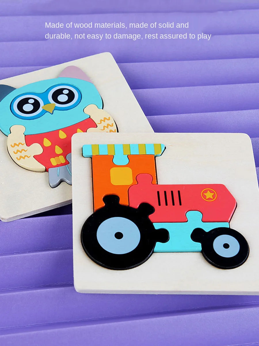 A wooden jigsaw puzzle featuring colorful 3D animals, including an owl and a train, set against a purple background.