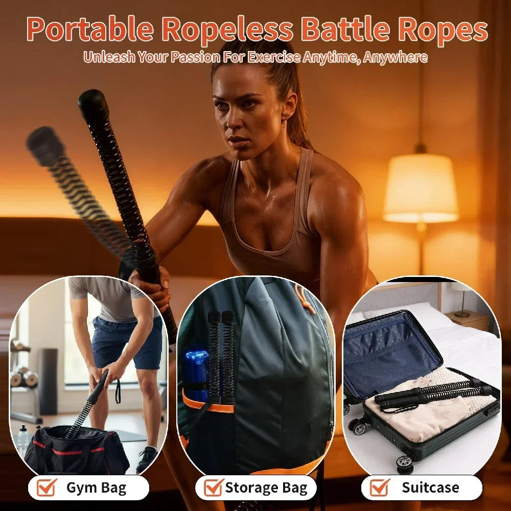 A woman demonstrates portable ropeless battle ropes and storage bags for home workouts.