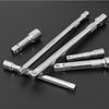 Multiple chrome steel socket extension bars with various lengths and drive sizes laid out on a dark surface.