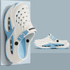 A white and light blue men's EVA slip-on sandal with a cushioned platform sole shown next to its packaging.