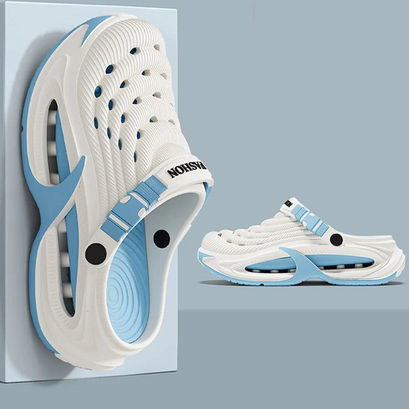 A white and light blue men's EVA slip-on sandal with a cushioned platform sole shown next to its packaging.