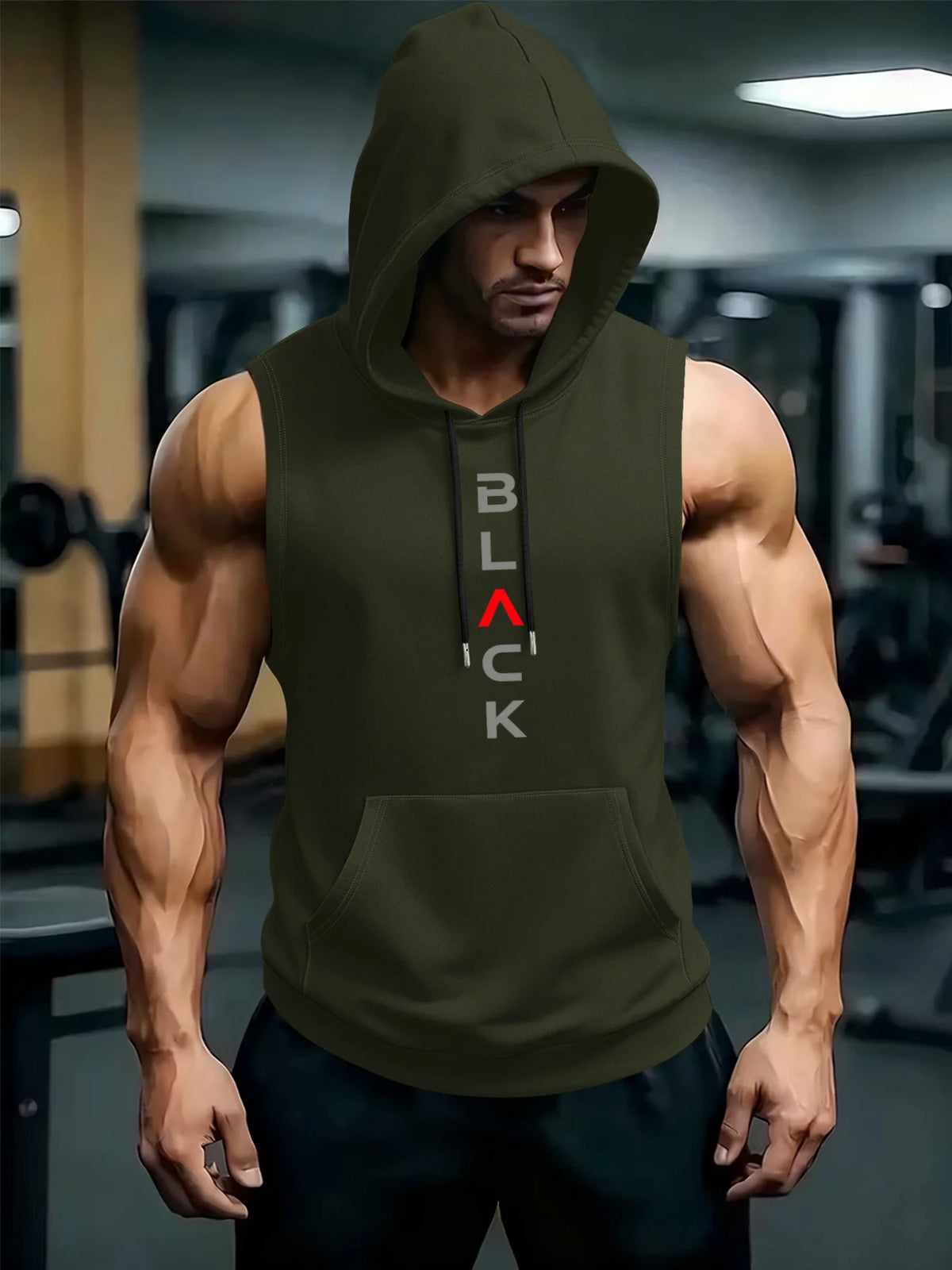 A muscular man wearing a dark olive green hooded tank top and black athletic pants in a gym setting.