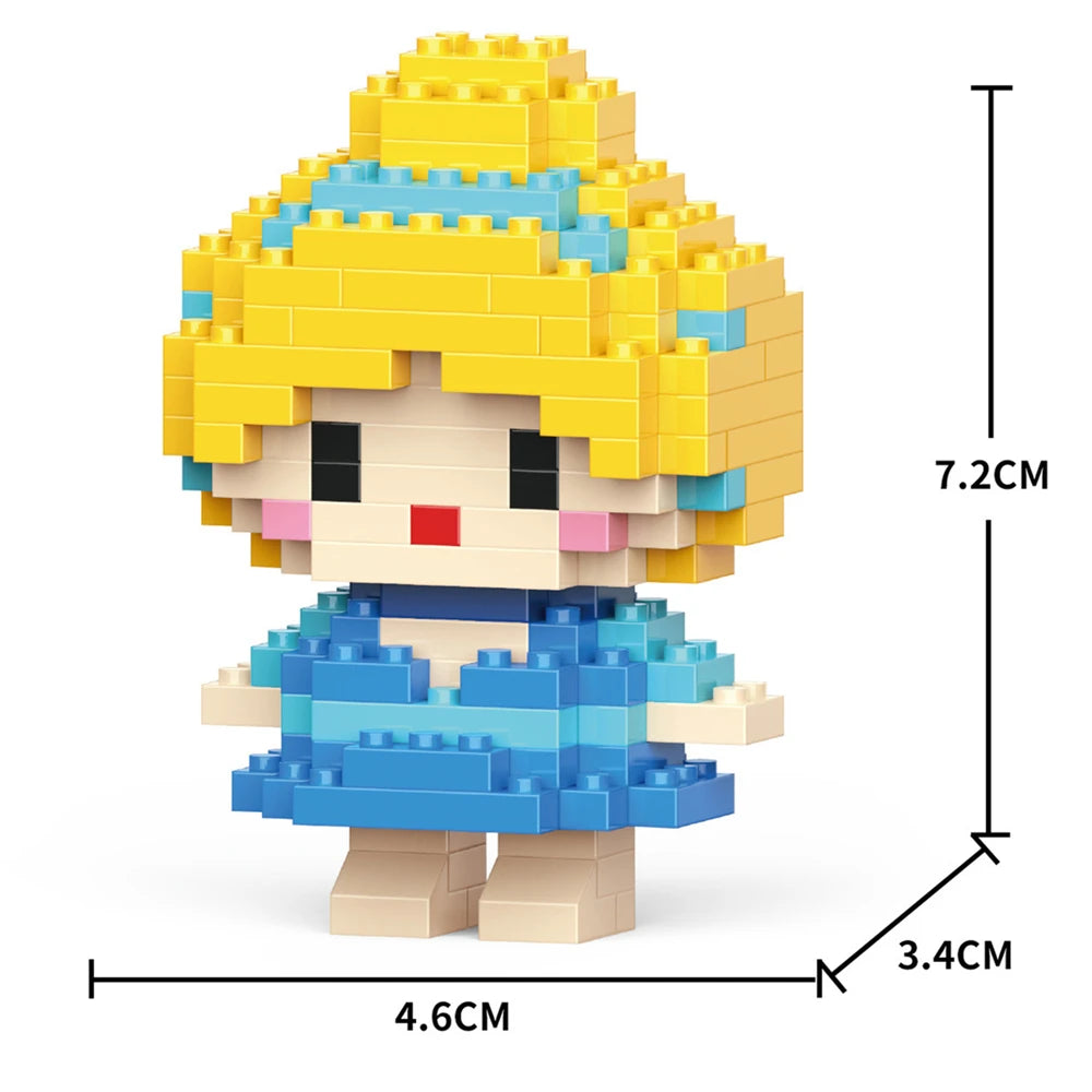 A yellow and blue micro building block figurine of a character with curly hair and a blue dress.