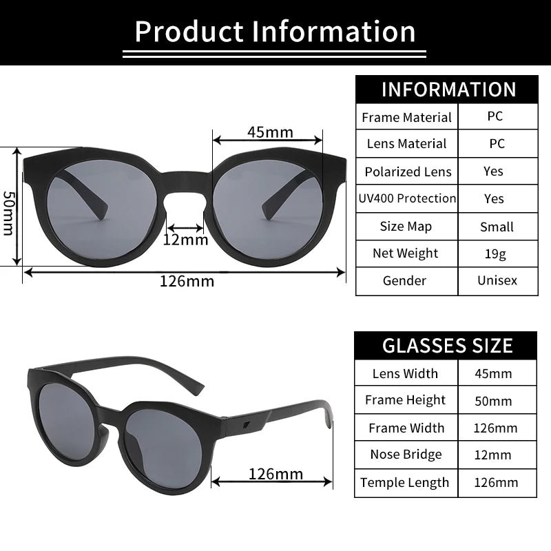 A product information sheet detailing specifications for black polarized UV400 sunglasses with a PC frame.