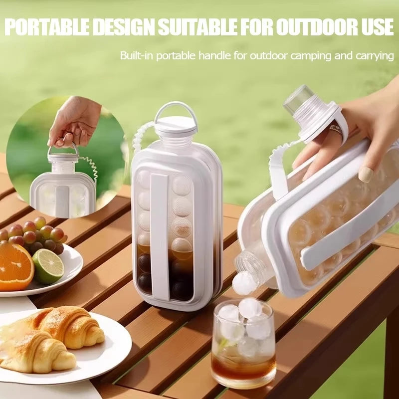 A portable design ice cube tray and water bottle mold are shown with various food items and drinks outdoors.