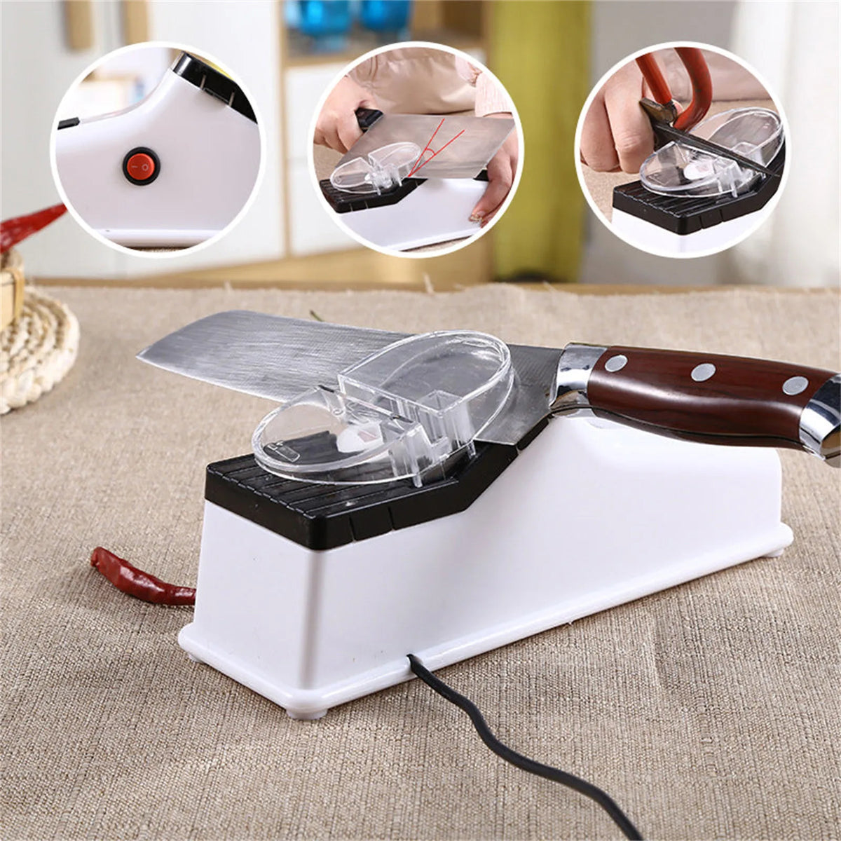 A white electric knife sharpener with a protective cover and blade, shown alongside close-up views of its operation.