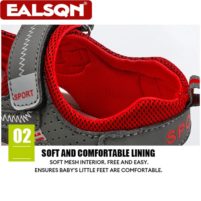 Close-up of a red and gray children's sport sandal showing the soft mesh lining interior.