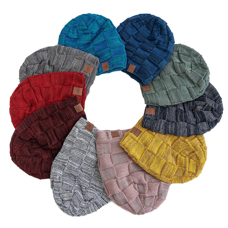 A circular arrangement of women's slouchy knit beanies in various shades of blue, green, red, and gray.