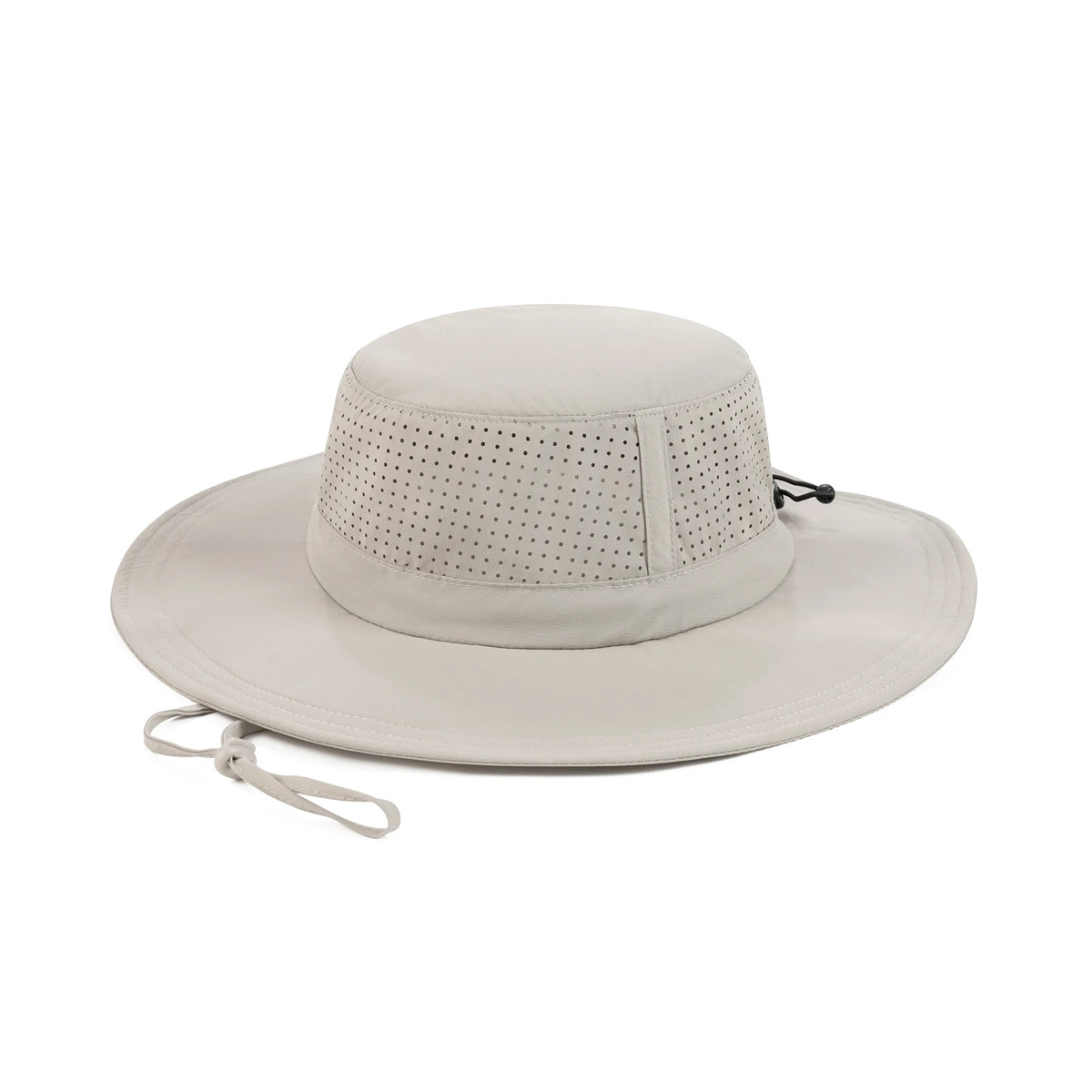 A light beige laser-perforated cooling bucket hat with a wide brim and a strap is shown against a white background.