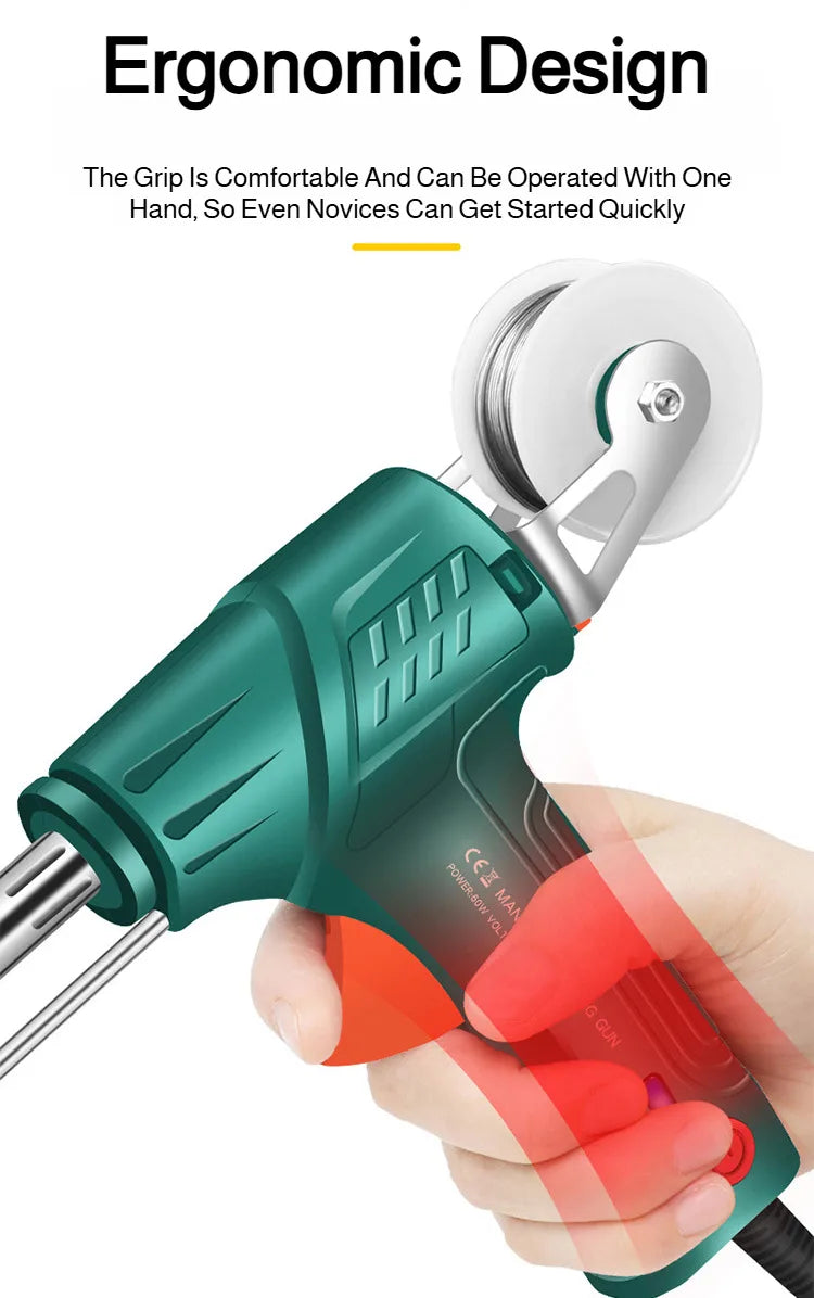 En hånd holder en turkis automatisk lasersolderkolbe med hvitt håndtak og spiss, som viser ergonomisk design.