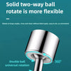 A close-up view of a silver two-way ball rotate kitchen faucet extender sprayer demonstrating 360 degree rotation.