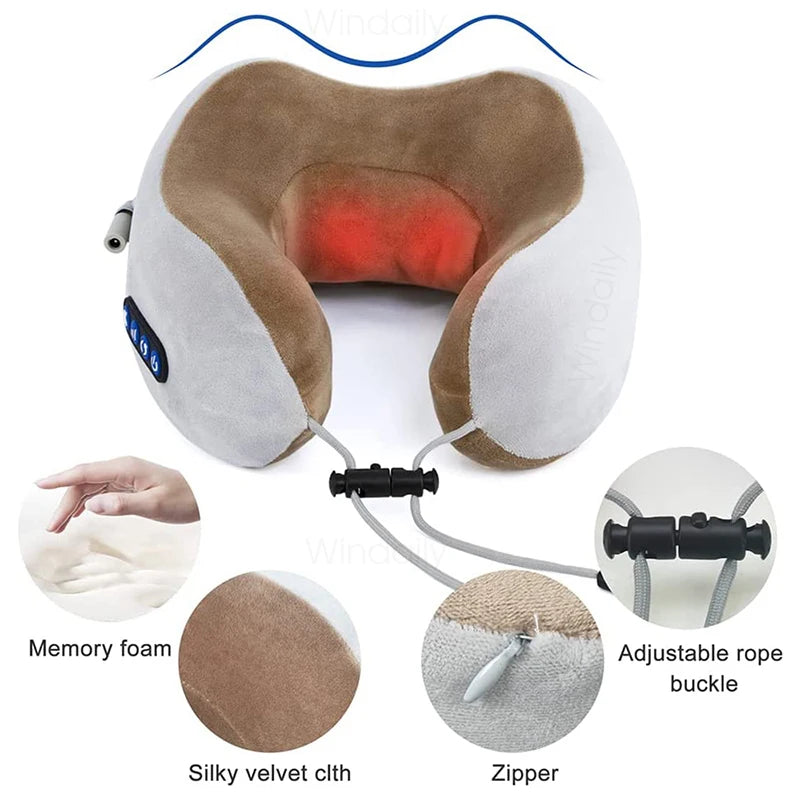 Masajeador de cuello en forma de U con espuma viscoelástica y terciopelo sedoso, mostrando cremallera y cuerda ajustable