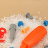 A collection of various colored screws and tools, including a screwdriver, scattered on a light background.