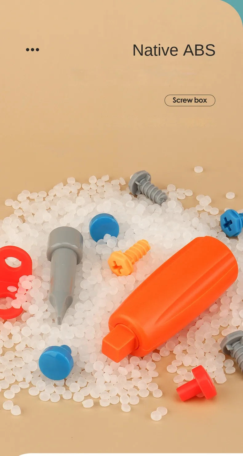 A collection of various colored screws and tools, including a screwdriver, scattered on a light background.