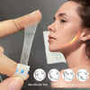 A hand applies invisible V-lift face stickers to the jawline and facial sagging area of a woman's face.