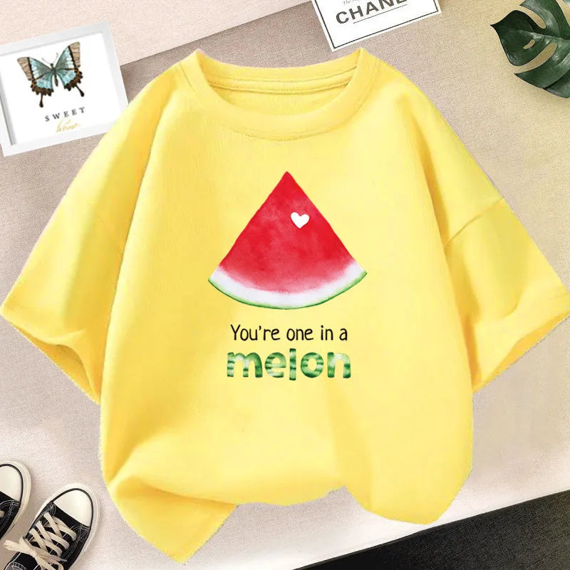 Yellow kids t-shirt featuring a watermelon slice graphic with the text You're one in a melon