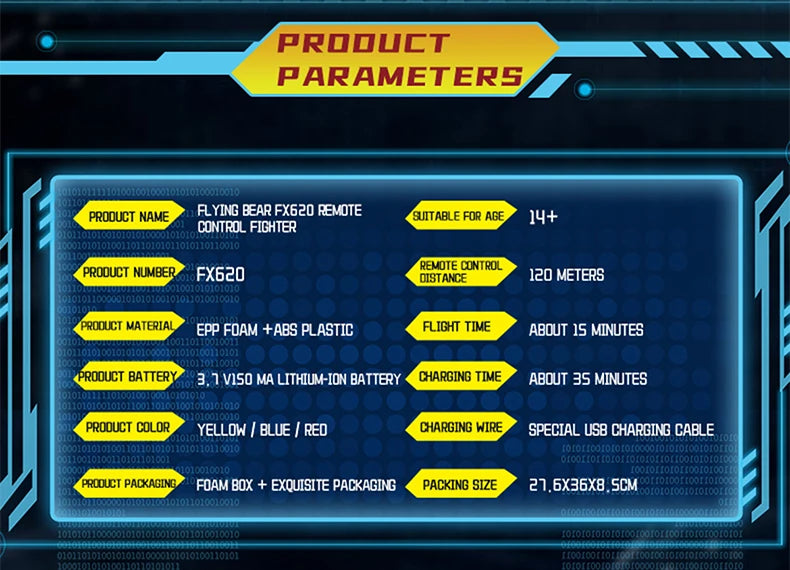 Product parameters display showing details for a flying bear FX620 remote control fighter glider