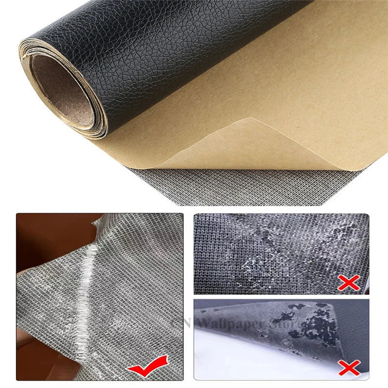Rollos de parche autoadhesivo para reparar cuero en sofás y muebles, mostrando diversas texturas y aplicaciones