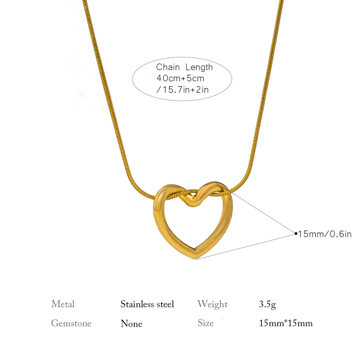 A dainty gold heart pendant necklace featuring a snake chain and a 40cm length.
