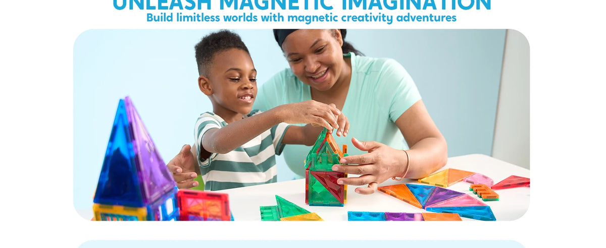 A mother and son are building structures with colorful magnetic tiles on a table.